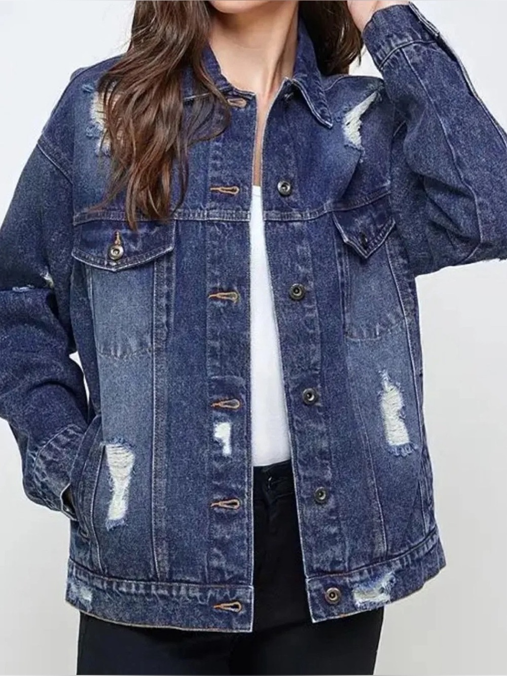 Blue Age Dark Blue Distressed Denim Jacket - Women's Casual Trucker